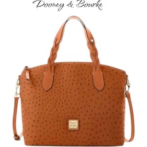 NWT Dooney & Bourke Ostrich Celeste Satchel Bag Caramel Brown Leather Braided